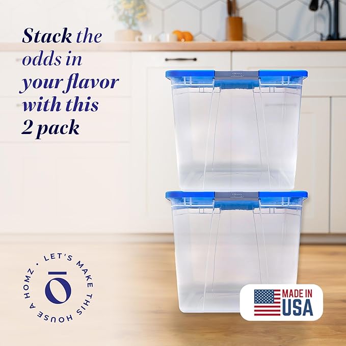 HOMZ 2-Pack Secure Latch, Clear Plastic Storage Organizer Bins, 64 Quart, Blue Lid - Stackable Container Boxes for Bedroom, Bathroom, Garage, and Office Organization