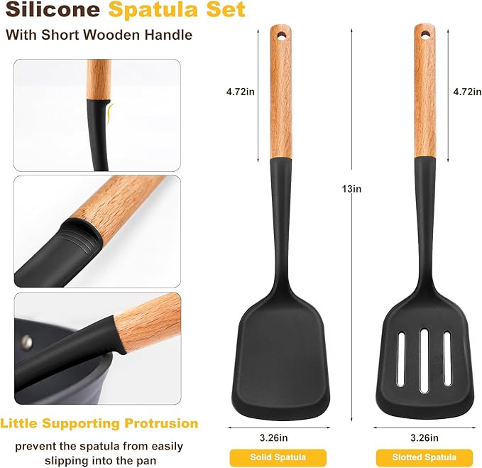 Pack of 2 Silicone Spatula Set with Elegant Wooden Handle, Heat Resistant Solid & Slotted Turner for Non Stick Pans, Great Kitchen Spatulas, Cooking Utensils for Sautéing, Frying, Flipping -Black