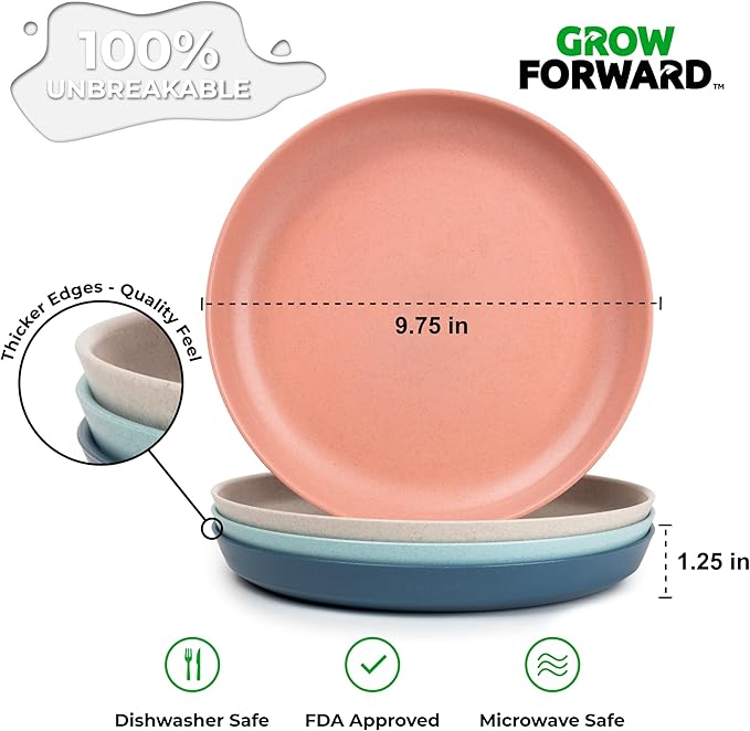 Grow Forward Premium Wheat Straw Plates and Bowls Sets - 8-Piece Wheat Straw Dinnerware Sets - Unbreakable & Reusable Microwave Safe Plastic Dinner Plates for Outdoors, RV, Camping Dishes - Tropical