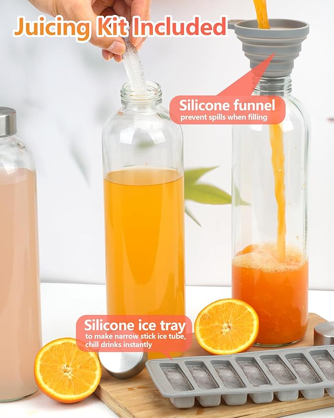 Zukro Glass Water Bottles with Lids 32 oz, 3 Pack Reusable Large Juice Bottles With Stainless Steel Airtight Cap for Juicing, Leak Proof Clear Drinking Jar Beverage storage container, BPA Free