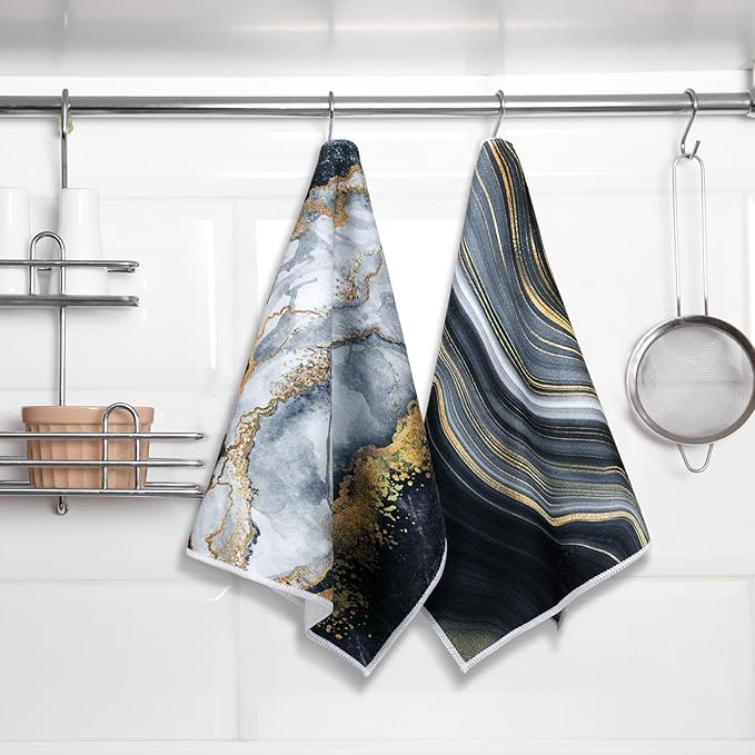 Boyiee Set of 6 Marble Kitchen Towels Gold Black Marble Tea Dish Towels 24 x 16 Inches Modern Absorbent Hand Washcloths Housewarming Gifts for Farmhouse Kitchen Bathroom Decorations