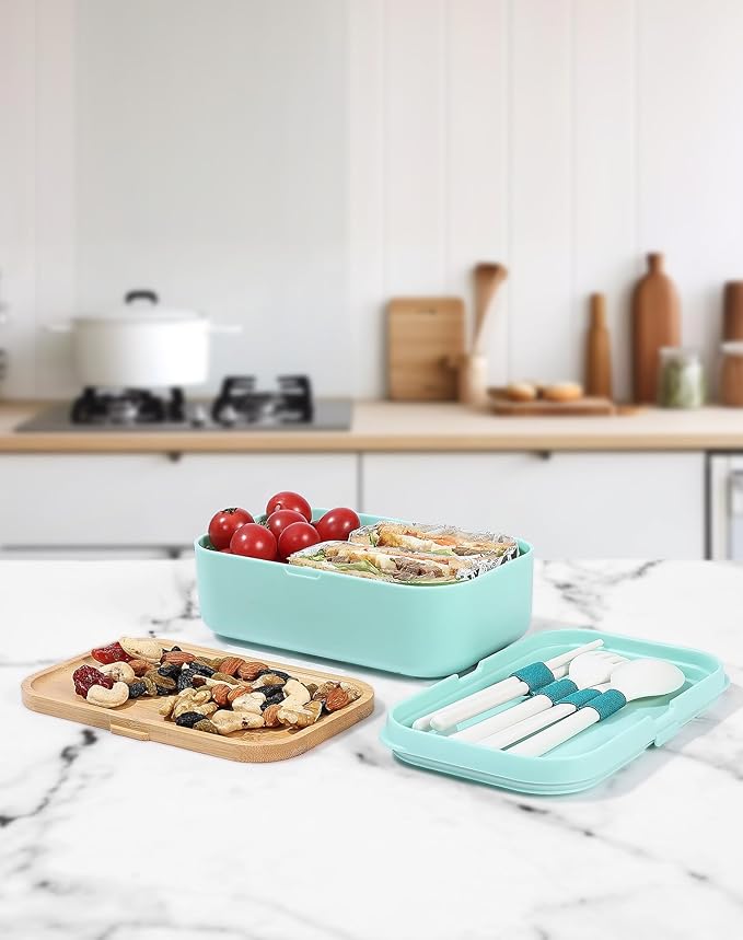 Bento Box for Adult Lunch Containers with Utensils for Men/Women Green - Natural Bamboo Lid, Chopsticks, Microwave Safe, Dishwasher Safe, Bpa Free, Gifts for Women, Cute, Small