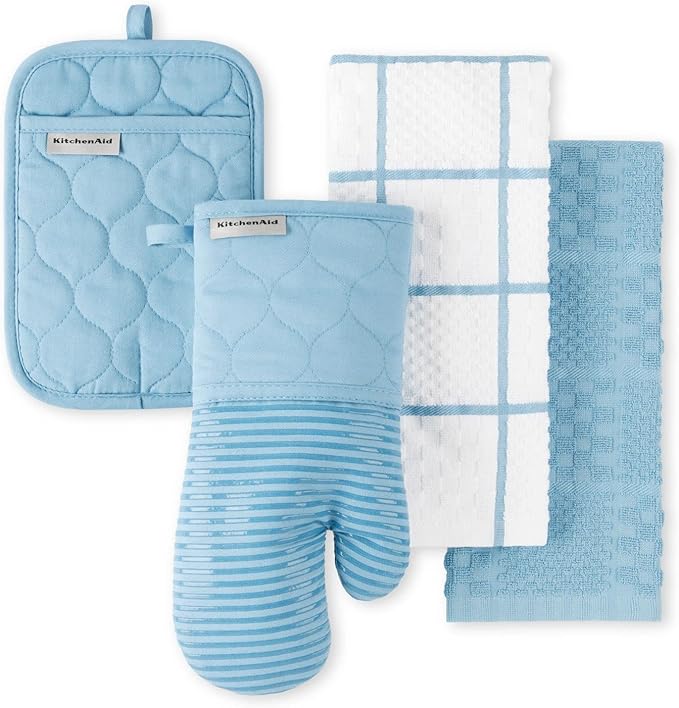 KITCHENAID Quilted Cotton Terry Cloth Oven Mitt, Pot Holder, Kitchen Towel 4-Pack Set, Heat Resistant, Silicone Grip, Gift Set, Blue Velvet, 16"x26", 7"x13" & 7"x10"