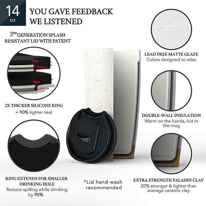 Mora Double Wall Ceramic Coffee Travel Mug with Lid, 14 oz, Portable, Microwave, Dishwasher Safe, Insulated Reusable Tall Cup, Splash Resistant Lid - To Go Tumbler for Car Cup Holder, Cotton White