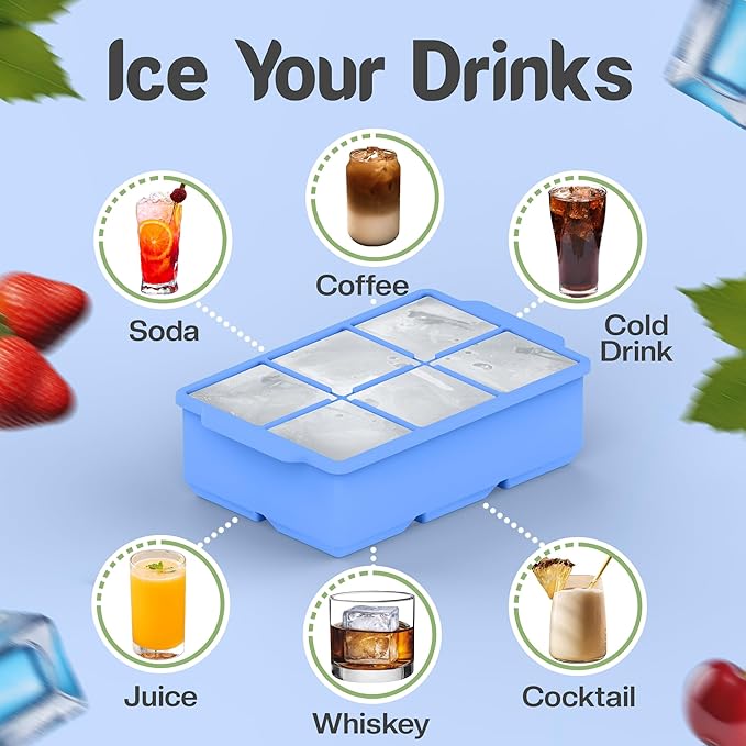 KitchFort Large Silicone Ice Cube Tray (2-Pack), Easy Release 2" Big Ice Cubes - Cocktail, Whiskey Ice Cubes Mold - Ice Trays for Freezer with Lid - Stackable Silicone Ice Tray - Blue