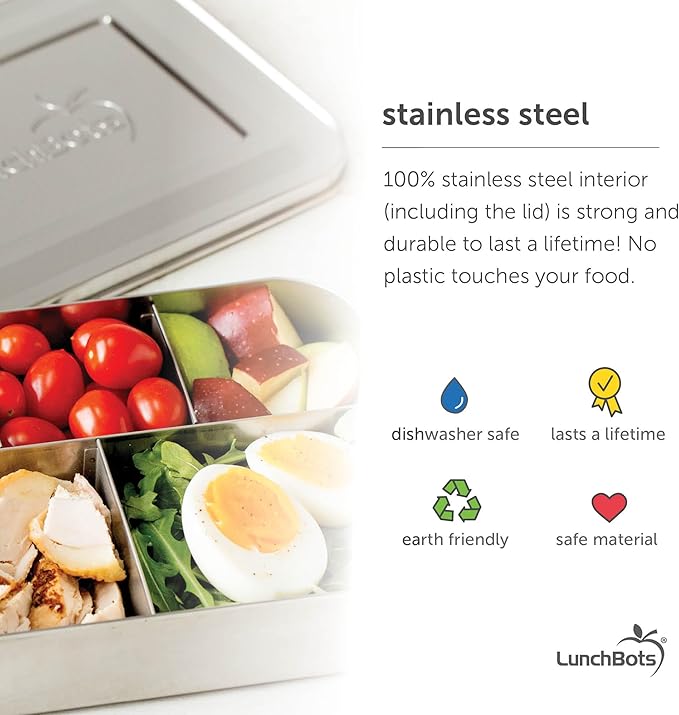 LunchBots Medium Trio II Snack Container - Divided Stainless Steel Food Container - Three Sections for Snacks On the Go - Eco-Friendly, Dishwasher Safe, BPA-Free - Stainless Lid - Blue Dots