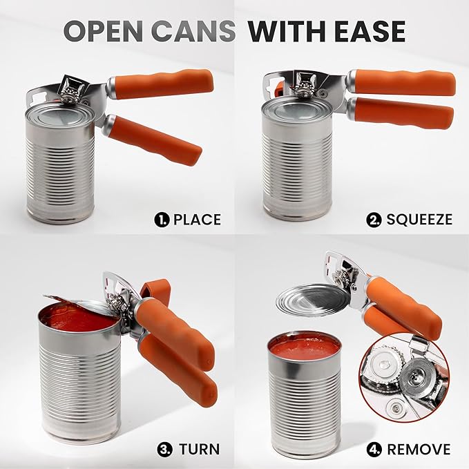 Zulay Kitchen Heavy Duty Stainless Steel Can Opener Manual with Bottle Opener - Rust Proof Manual Can Opener With Turn Knob & Comfy Soft Grip Handles - Orange