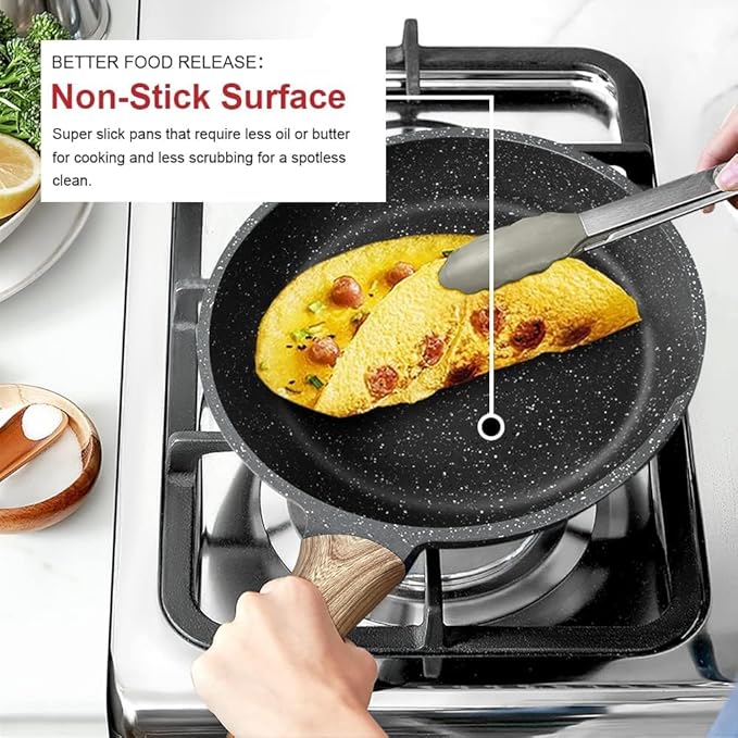 Caannasweis Nonstick Granite Frying Pan Skillet, Non Stick Omelette Fry Pans, Omelet Egg Pan, Stone Cookware Chef's Pan, Induction Compatible, PFOA Free (Gray, 9.5 Inch with Lid)