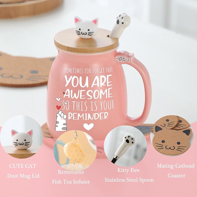 BigNoseDeer Thank You Gifts for Women Cute Cat Coffee Mug Birthday Friendship Christmas Gift for Women Female Mom Cat Lovers Present Kawaii Stuff Funny Tea Cup Stocking Stuffers White Elephant Gifts