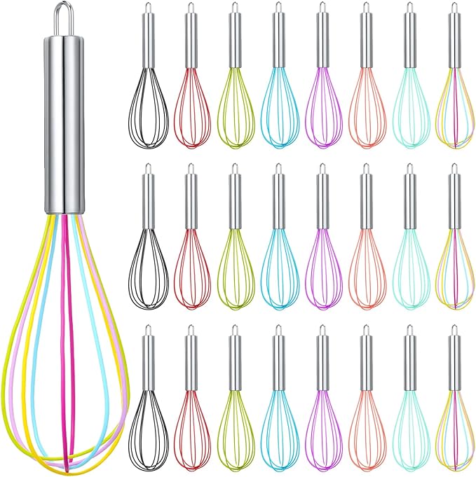 Domensi 24 Pcs 8 Inch Whisks Bulk for Cooking Silicone Whisks Non Scratch Stainless Steel Wisks Coated Metal Heat Resistant Egg Beaters for Mothers Day Party Favor Gift Supplies