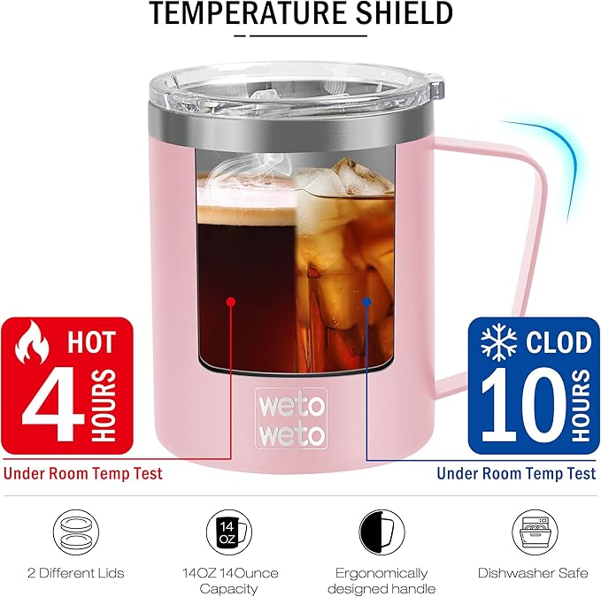 WETOWETO 14 oz Coffee Mug, Vacuum Insulated Camping Mug with Lid, Double Wall Stainless Steel Travel Tumbler Cup, Coffee Mugs Outdoor, Powder Coated Ice Pink