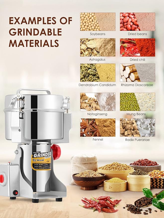 CGOLDENWALL 1000g Electric Grain Grinder Mill Safety Upgraded 3000W High-speed Spice Herb Grinder Commercial Superfine Machine Dry Cereals Pulverizer CE 110V (1000g Swing Type)