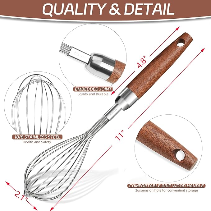 Stainless Steel Wire Cooking Whisk, Multi Function Kitchen Hand Whisk Non Stick Balloon Whisk Egg Beater for Blending Whisking Beating Frothing Stirring Batters,Wooden Handle (11""L x 2.1""W)
