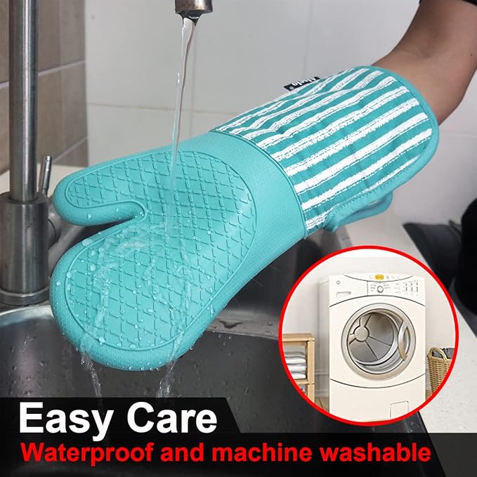 Silicone Oven Mitts Heat Resistant 932℉ with Waterproof & Non-Slip Kitchen Mittens, Set of 2 Extra Long Oven Gloves with Soft Cotton Terry Lining for Baking Cooking Barbecue
