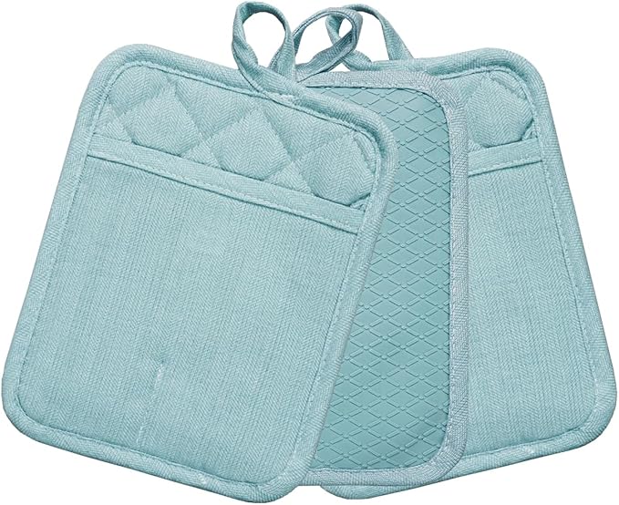 Pot Holders Yarn-Dyed Set of 3 Non Slip Silicone Kitchen Lines Heat Resistant 500℉ Kitchen Gloves BBQ Cooking Baking Cooking Barbecue Microwave Machine Washable (Light Blue Potholders)