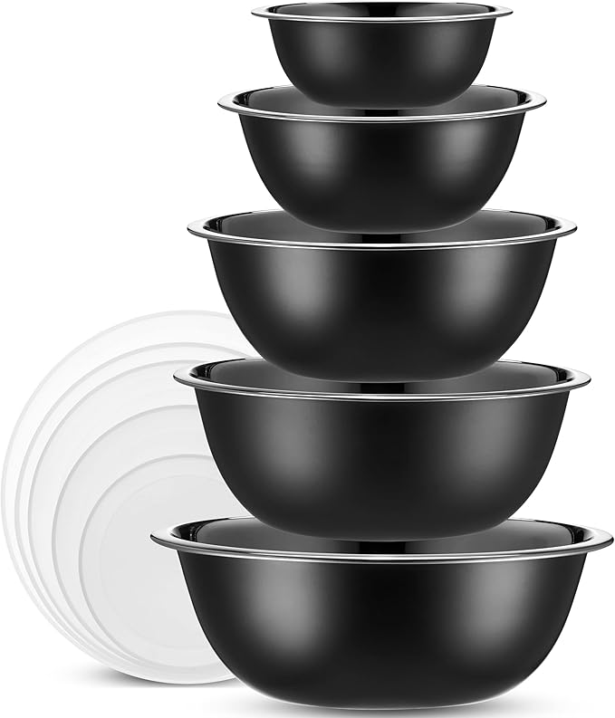 WHYSKO Stainless Steel Mixing Bowl Set, 10 Piece Stainless Steel Mixing Bowls with Lids Set for Food Prep Storage and Serving, Dishwasher Safe for Kitchen Baking Cooking, Black