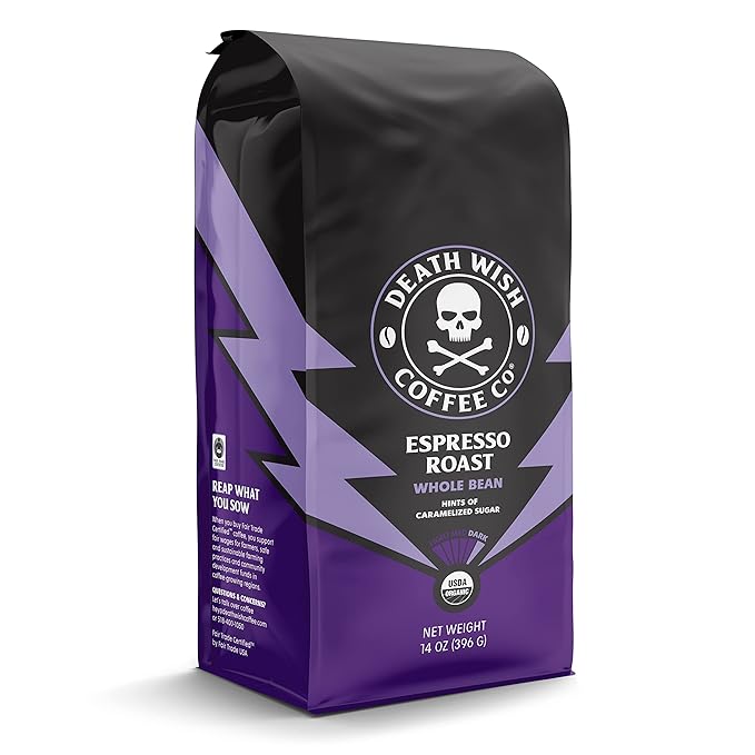 Death Wish Coffee, Whole Bean Espresso Roast - Organic, Fair Trade, Arabica and Robusta Coffee Beans, 14 ounce (Pack of 2)
