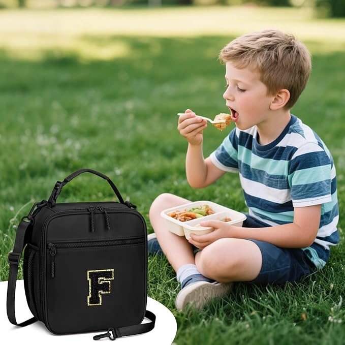 Initial Insulated Lunch Bag for Boys Kids, Back to School Gift, Reusable Leak-proof Lunch Box with Adjustable Strap for School Daycare Travel Picnic（Black，F）
