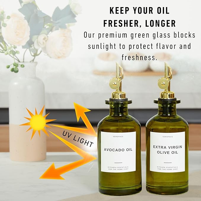 Green Glass Olive Oil Dispenser Bottle For Kitchen, Avocado Oil Dispenser Set, Modern Decor, Gold Kitchen Accessories for Home, Airbnb, Cafe (Gold, Set of 2)
