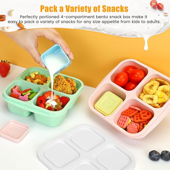 Caperci Lunchable Snack Containers - 4 Compartments Bento Snack Boxes (4 Pack) with 2 Leakproof Sauce Cups, Reusable Divided Food Containers for School, Work, Travel (Vintage Colors)