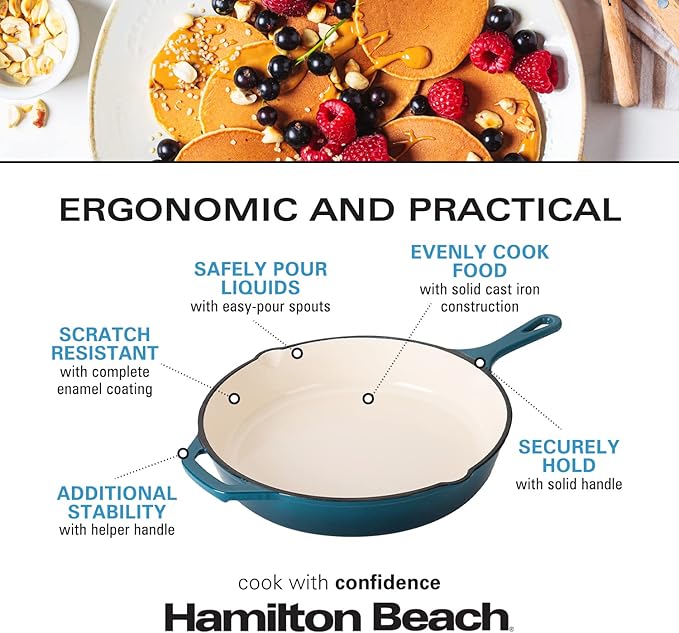 Hamilton Beach Enameled Cast Iron Fry Pan 12-Inch Navy, Cream Enamel Coating, Skillet Pan For Stove top and Oven, Even Heat Distribution, Durable