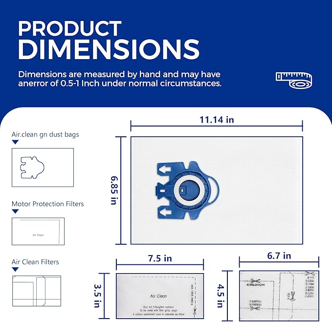 Vacuum Cleaner Bags Fit for Miele Classic C1 Complete C1 C2 C3 S227 S240 S270 S400 S2 S5 S8 Series, Include 15 Packs 3D Efficiency Airclean Bags with 3 Motor Protection Filters and 3 AirClean Filters