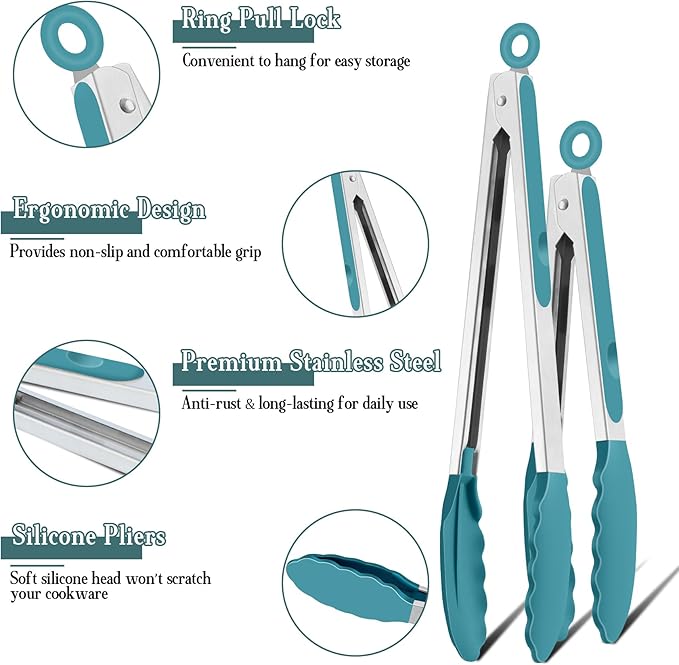 TeamFar Kitchen Tongs, 9" and 12" Stainless Steel Cooking Tongs with Silicone Tips for Cooking Grilling Serving & BBQ, Heat Resistant Silicone Tongs, Locking Design & Dishwasher Safe, Set of 2 & Blue