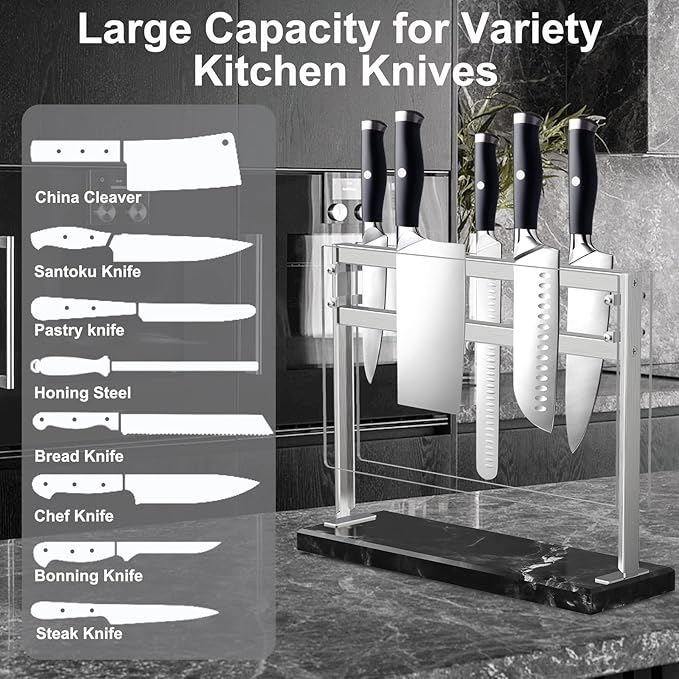 YIIYIIN Magnetic Knife Block with Acrylic Shield - Marble Based Double Side Magnetic Knife Stand - Kitchen Magnetic Knife Holder - Knife Storage - Knife Holders for Counter Top - Black