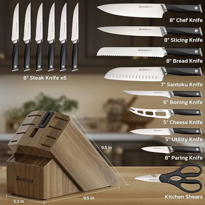 Astercook Knife Set, Kitchen Knives Set with Block and Sharpener Full Tang 17 Pcs German Stainless Steel Knives Sharp Blade Dishwasher Safe Premium Knife Set with Anti-slip Ergonomic Handle, Black