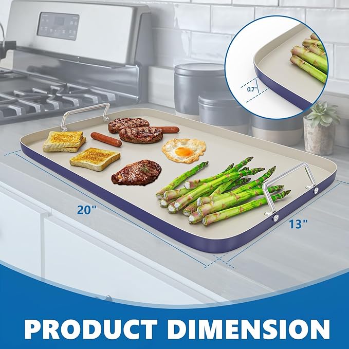 SafBbcue 20" x 13" Double Burner Griddle Pan, Non-Stick Ceramic Coated, for Outdoor Gas Pellet Grill, Stove Top Charcoal Grills, for Weber Charbroil Camp Chef Grill, Blue