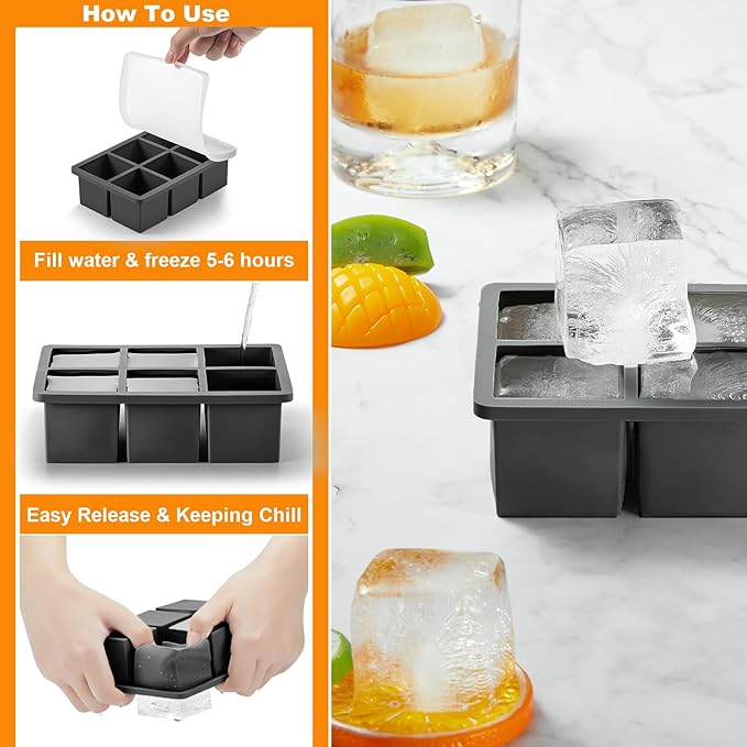 Nax Caki Large Ice Cube Molds Tray with Lid, Stackable Big Silicone Square Ice Cube Mold for Whiskey Cocktails Bourbon Soups Frozen Treats, Whiskey Gifts for Men from Daughter Wife Son Kids