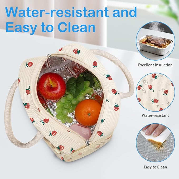 DALINDA Insulated Strawberry Lunch Bag for Women,Cute Corduroy Lunch Tote Bags Lunch Box Water-Resistant Large Capacity Reusable Insulated Cooler for Work Picnic or Travel