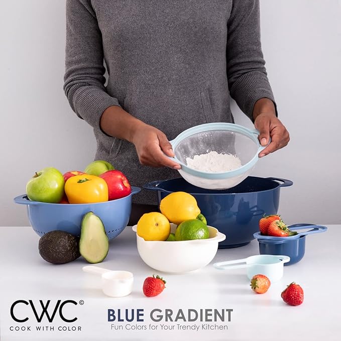 COOK WITH COLOR Nesting Bowls with Measuring Cups Colander and Sifter Set - Includes Mixing Bowls, Colander, Sifter and Measuring Cups, Blue Ombre, 8 Pc Bowl