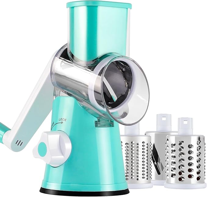Cheese Grater Hand Crank, Rotary Vegetable Shredder with Handle and Strong Suction base, 3 in 1 Kitchen Speed Spin Veggie Slicer Nut Grinder for Pizza Top, Hash brown, Salad and More (Blue)