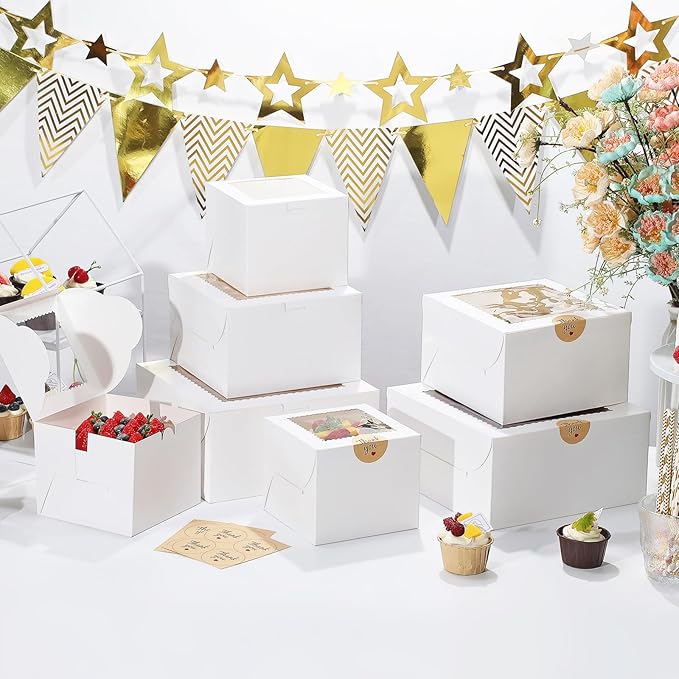 Small Cake Boxes 8 Inch with Window, 24 Set Bakery Boxes with Cake Boards & Stickers, Cupcake Box for Birthday, Party, Wedding, Mother's Day, Valentine's Day, Christmas（8x8x5 inch）