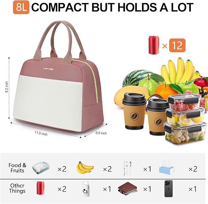 LOKASS Lunch Bag for Women-Insulated Adults Lunch Box with Front Pocket- Small Cute Lunch Tote for Work-Reusable Cooler Bag for Office Picnic Beach or Travel (Pink Purple)