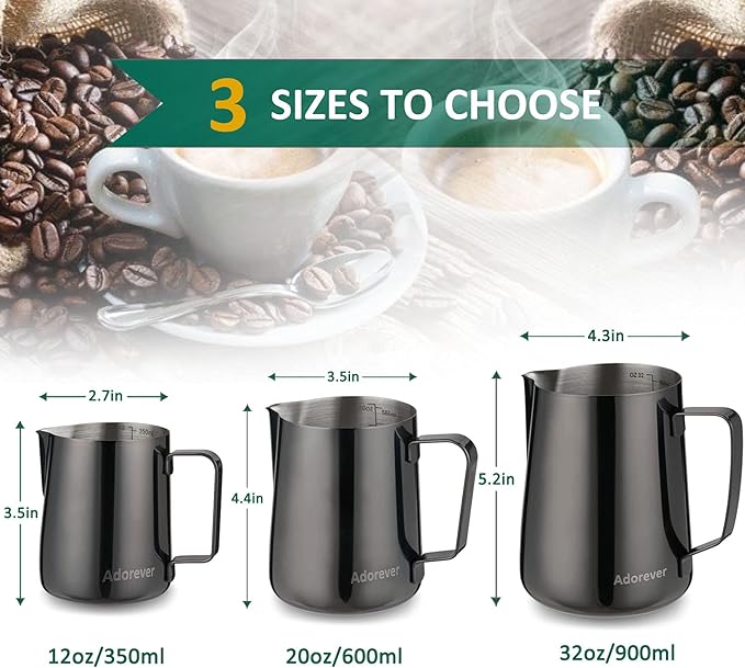 Milk Frothing Pitcher, 600ml (20oz) Steaming Pitchers Stainless Steel Milk Coffee Cappuccino Latte Art Barista Steam Pitchers Milk Jug Cup with Decorating Art Pen, Bright Black