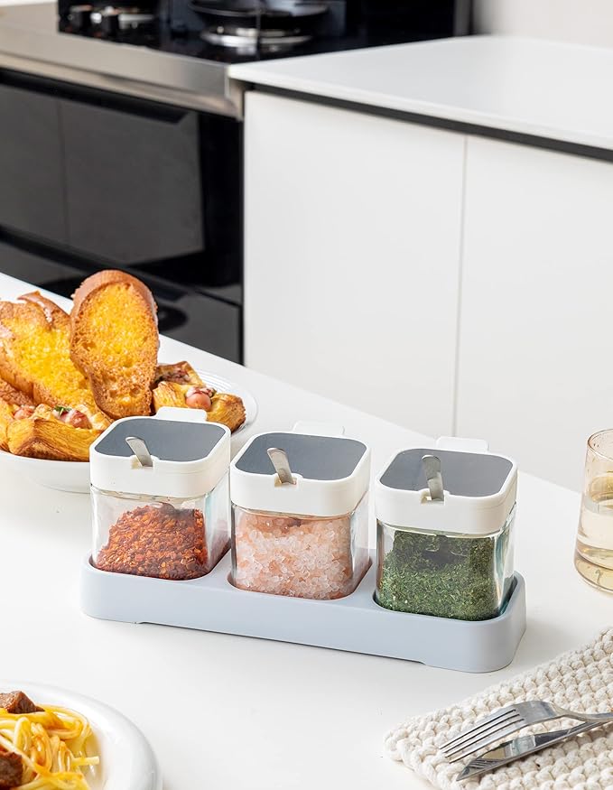 Mlici 8.6 oz Condiments Container Seasoning Jars, Kitchen Spicy Jars with Lids and Spoons, Tea Coffee Sugar Canisters Glass Spice Box, Set of 3, Containers, White