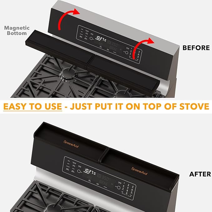 SpaceAid 30" Wide Kitchen Shelf Organizer for Stove, Magnetic Bamboo Spices Shelf for Home Stove Kitchen Storage Organization (Fit for Flat Top Only, Black)