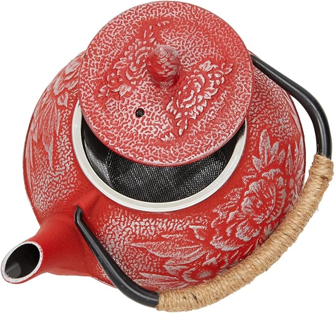 Juvale Japanese Cast Iron Teapot with Infuser - Red, 27 oz (800 ml), 3-Pc Teapot Set - Stovetop Kettle for Loose Leaf Brewing - Removable Stainless Steel Infuser & Trivet Included