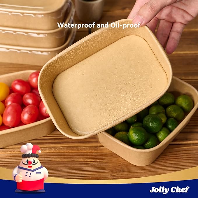 JOLLY CHEF 50 Pack Paper Food Containers with Lids, 19 oz Disposable Meal Prep Containers, Rectangular Paper Bowls with Lids for Thanksgiving, Christmas, Parties