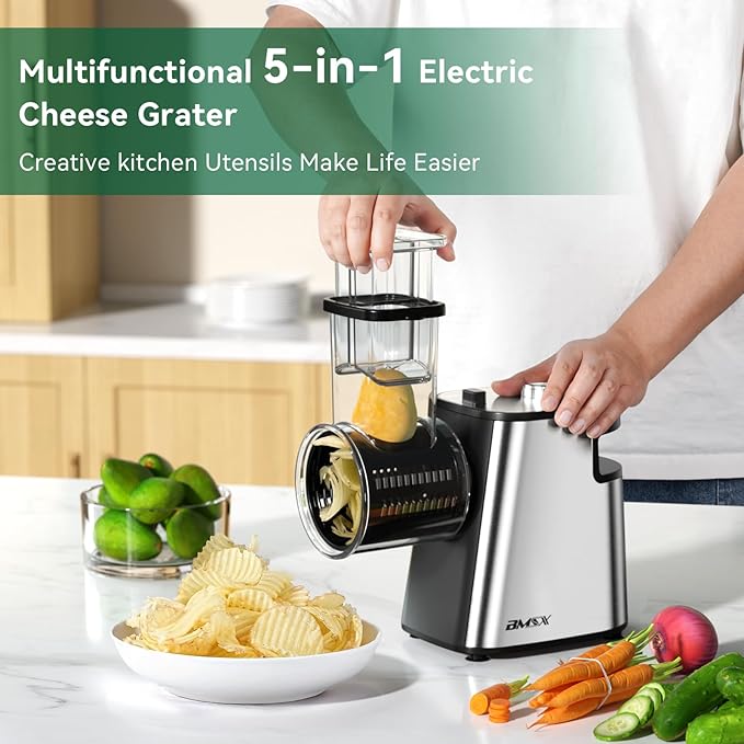 Electric Cheese Grater Upgraded, 250W Electric Slicer Shredder, Automatic Cheese Shredder, Electric Salad Machine for Fruits, Vegetables, Cheeses，Salad Maker With 5 Different Shapes of Blades