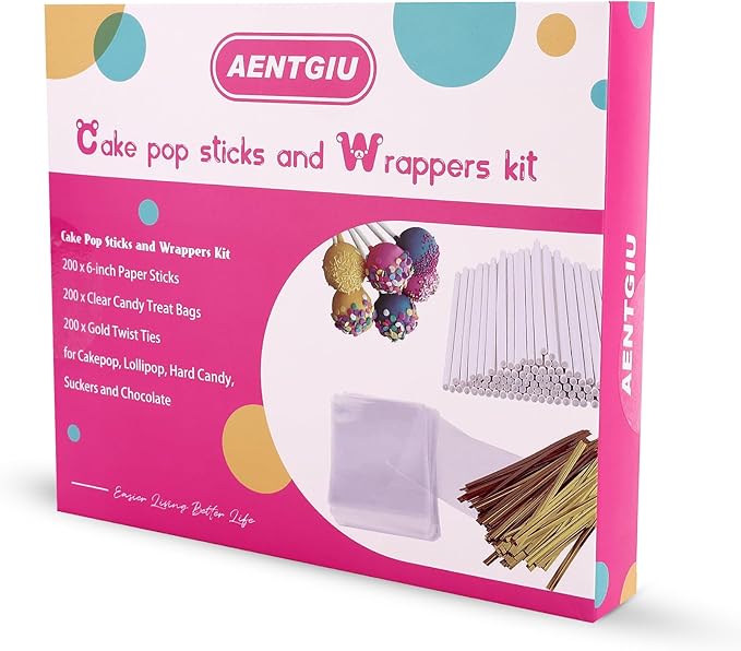 600PCS Christmas Cake Pop Sticks and Wrappers, Including 200pcs 6-inch Paper Lollipop Sticks, 200pcs Parcel Bags, 200pcs Gold Twist Ties for Lollipop, Candy, Chocolate, Marshmallows, and Fruit Skewers