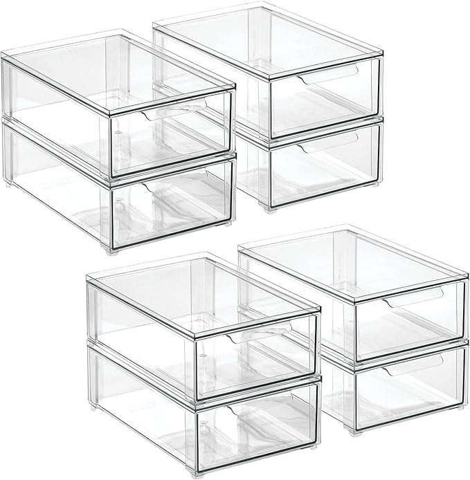mDesign Plastic Stackable Bathroom Storage Organizer Bin with Pull Out Drawer for Cabinet, Vanity, Shelf, Cupboard, Cabinet, or Closet Organization - Lumiere Collection - 8 Pack - (Clear, 8 x 12 x 4)