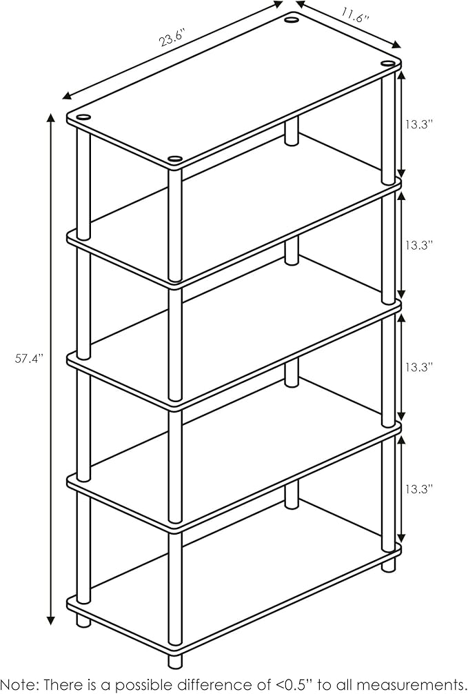 Furinno TURN-N-TUBE Storage Shelves, 5-Tier Book Shelf, Corner Shelf, Toolless Open Shelves, for Organization and Storage, Living Room, Garage, Home Office, Columbia Walnut