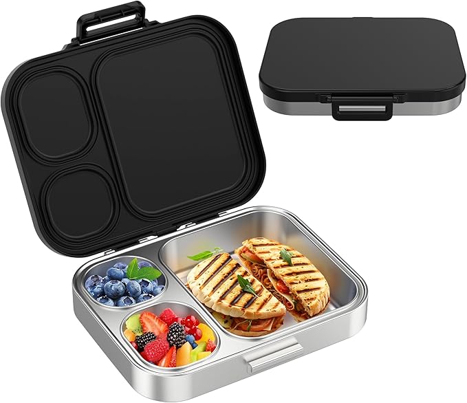 Stainless Steel Bento Lunch Box for Kids | 3-Compartment Lunch Box Container Kids | 100% Leakproof, Eco-Friendly, Perfect Portion Control for Kids&Adult Healthy Meals (Black)