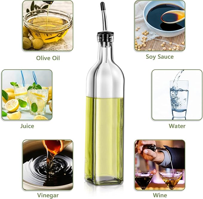 Olive Oil Dispenser Bottle, 2 Pcs Glass Olive Oil Dispenser and Vinegar Dispenser Set with 2 Stainless Steel Pourers, 4 Labels,1 Brush and 1 Funnel Oil Bottles for Kitchen (500ml)