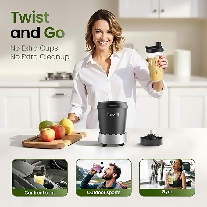 TOPZEE Personal Smoothie Blender - 1000W Single Serve Smoothie Maker with 24oz Portable Travel Cups, Ideal for Protein Shakes, Frozen Drinks, and Kitchen Use