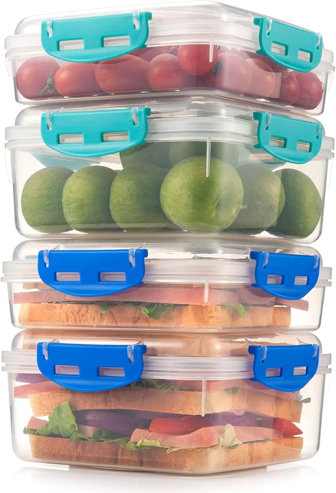 4 PCS Sandwich Containers - 100% Airtight & BPA-Free & Microwave & Dishwasher Safe Kitchen Storage Containers with Upgraded Snaps, 2 heightened Containers for Lunch Boxes and 2 normal version