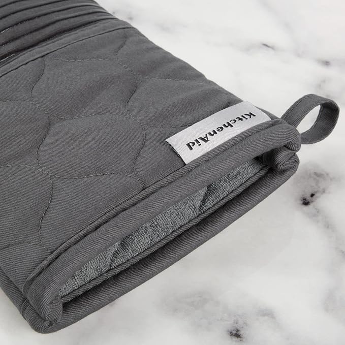 KITCHENAID Quilted Cotton Terry Cloth Oven Mitt, Pot Holder, Kitchen Towel 4-Pack Set, Heat Resistant, Silicone Grip, Gift Set, Charcoal Grey, 16"x26", 7"x13" & 7"x10"
